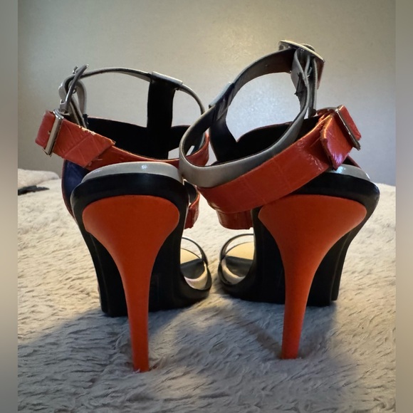 Paper Fox Stylish Orange Croco, White & Black Women's Open Toe Heels with Straps - Picture 4 of 15
